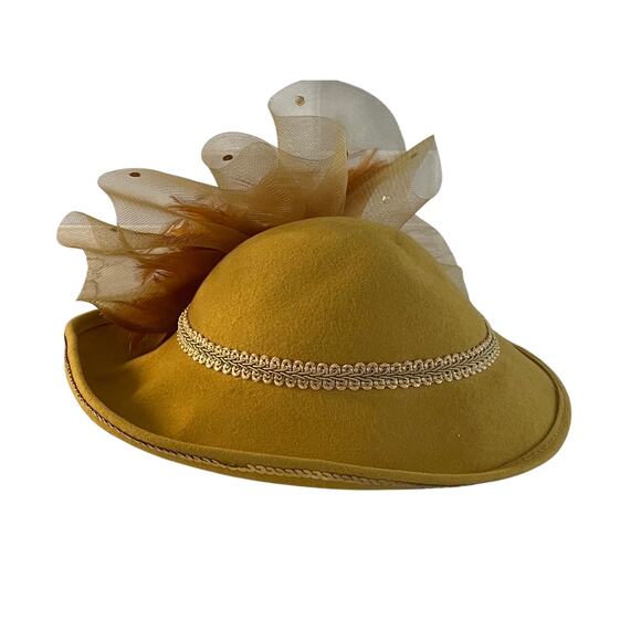 Vintage Deborah New York Mustard Yellow Wool Hat, Feathers, Beading, Church - Picture 3 of 13